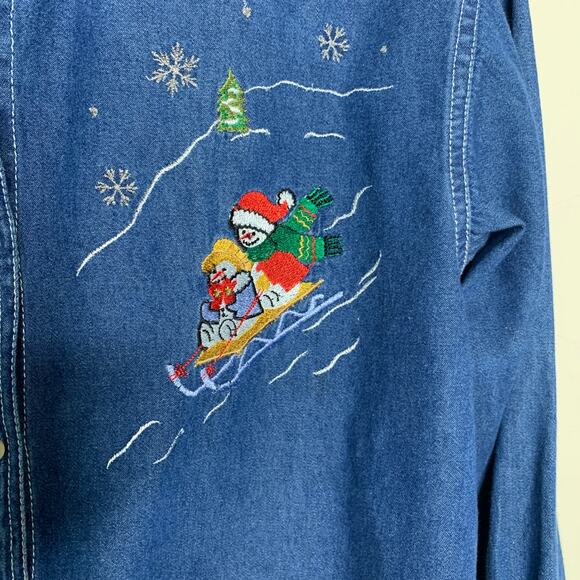 Skiing Snowman Holiday Denim Shirt Velvet Collar Sz Small - Picture 4 of 6